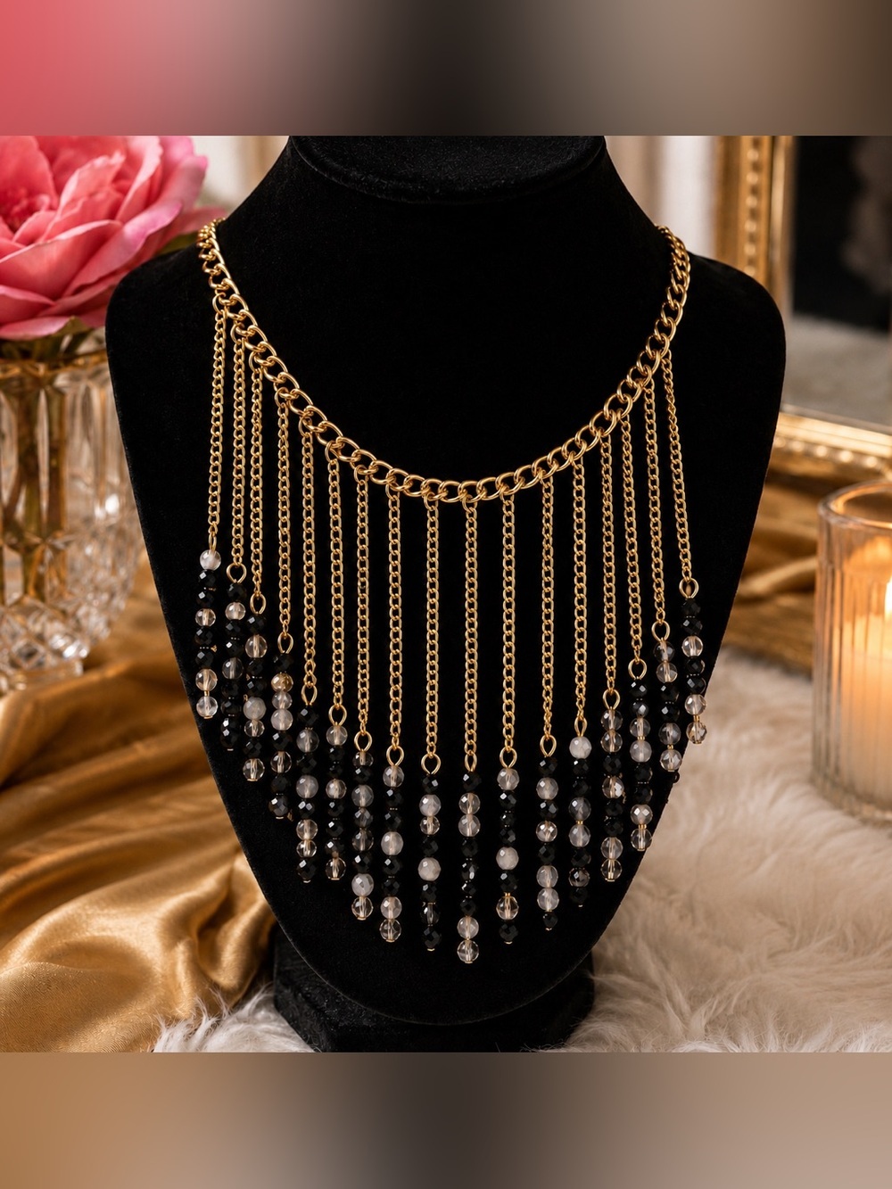 Gold Fringe Statement Necklace Black Gray Crystal Beaded Bib Necklace Boho Glam
